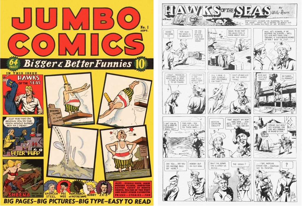 Omslag till Jumbo Comics #1 (1938), och inledande sida med Hawks of the Seas. ©Fiction House/RAP