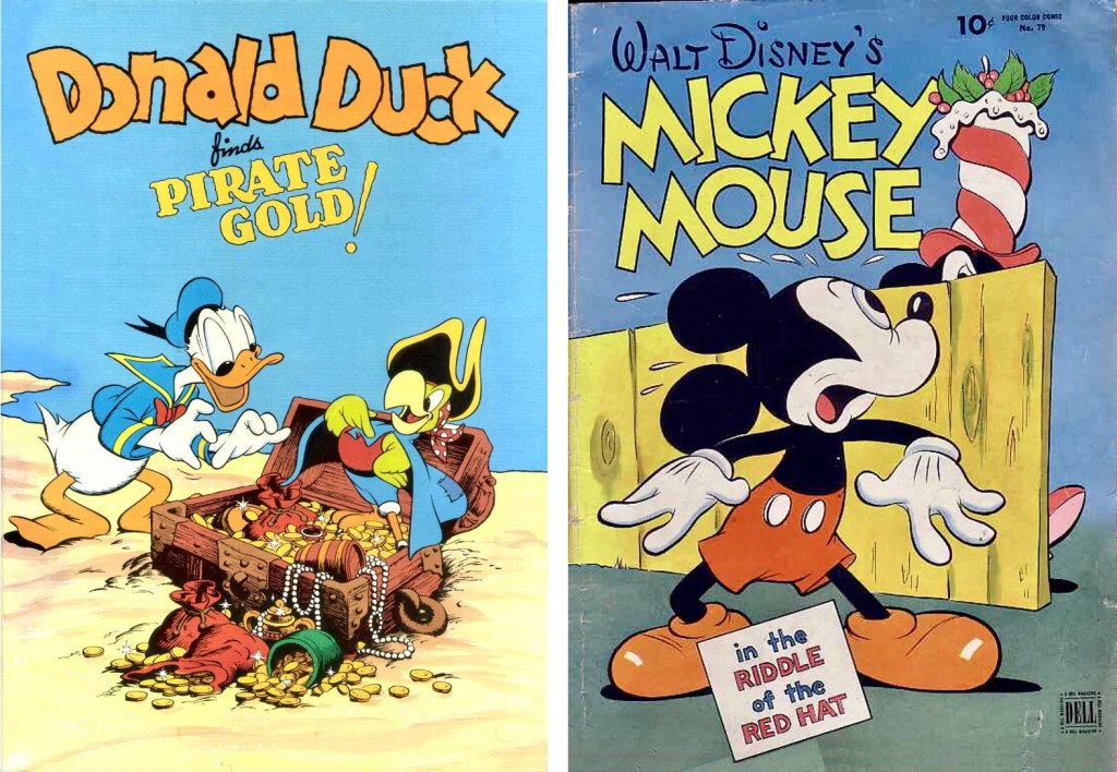 Donald Duck Fiends Pirate Gold, FCC #9 (1942) och Mickey Mouse in the Riddle of the Red Hat, FCC #79 (1945). ©Dell
