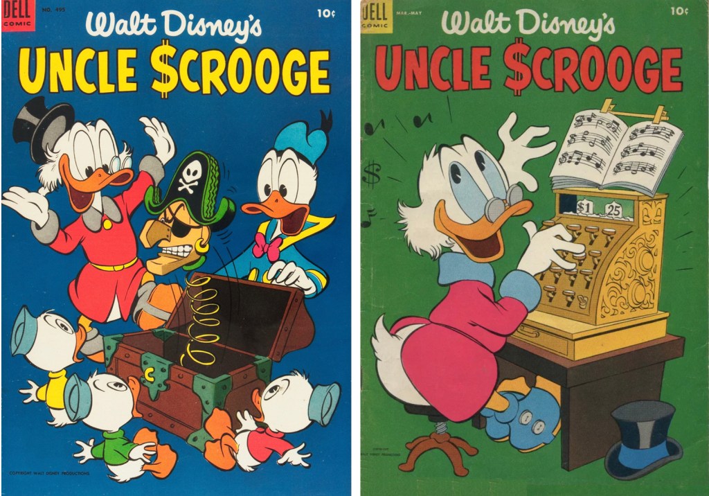 Omslag till Four Color Comic #495 (1953) och Uncle Scrooge #5 (1954). ©Dell/Disney