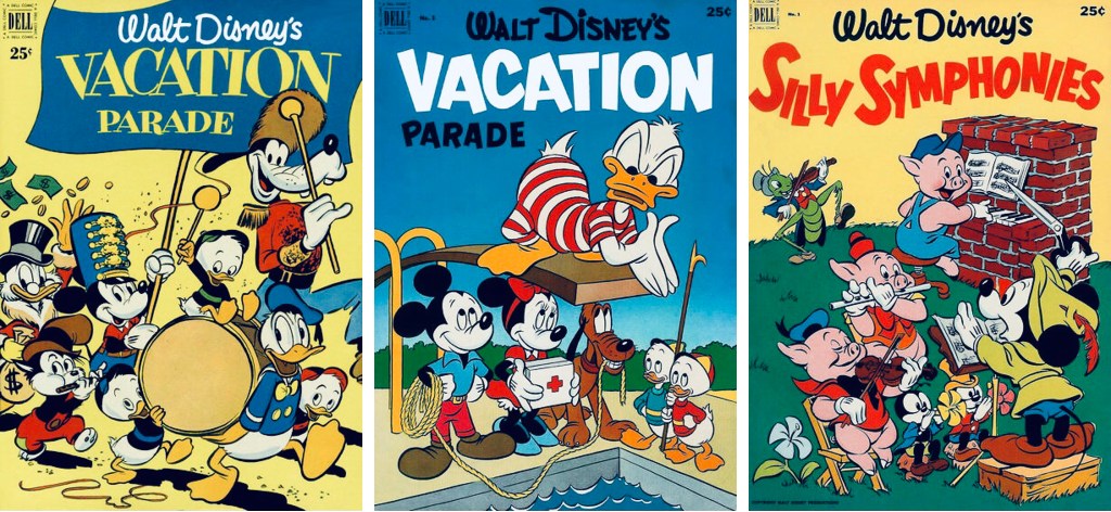 Omslag till Vacation Parade #2 och #3 (1951-52), och Silly Symphonies #1 (1952). ©Dell/Disney