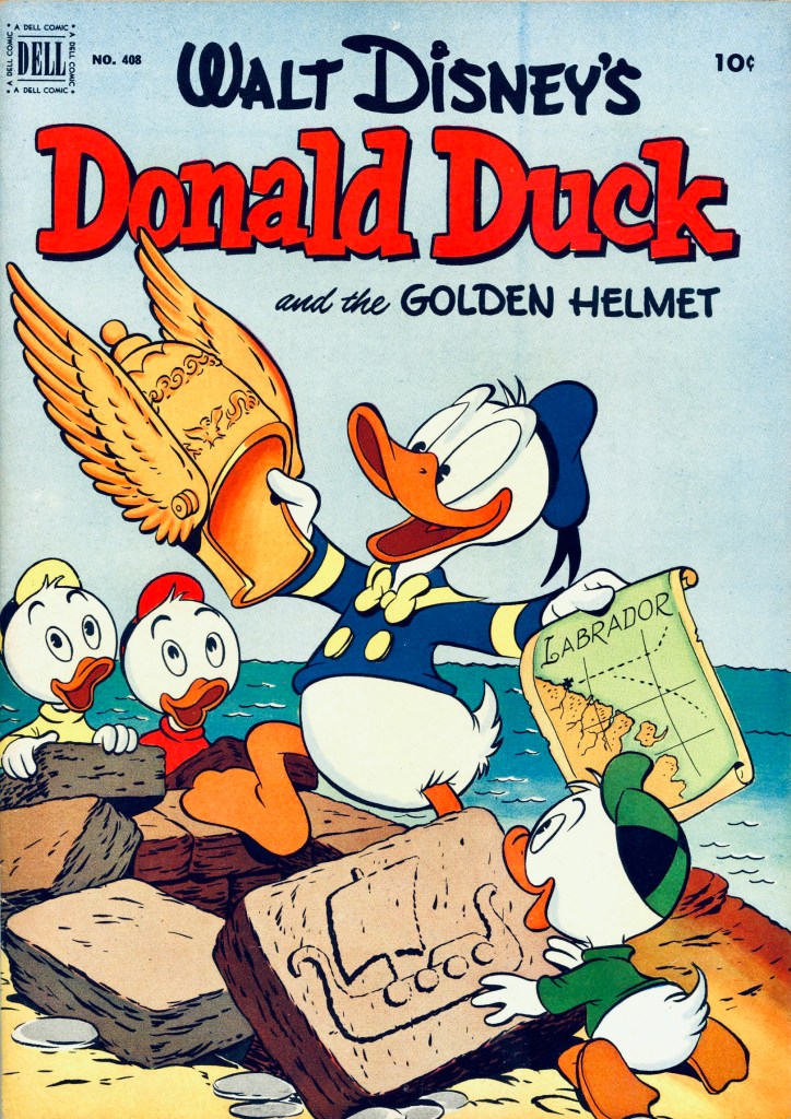 Omslag till Four Color Comic #408 (1952), Walt Disney’s Donald Duck and the Golden Helmet. ©Dell/Disney