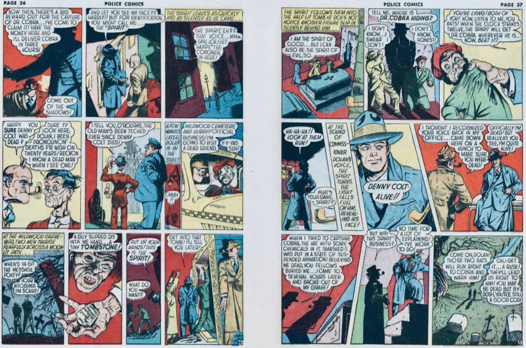 Ett till uppslag med Spirit ur Police Comics #11 (1942). ©Eisner
