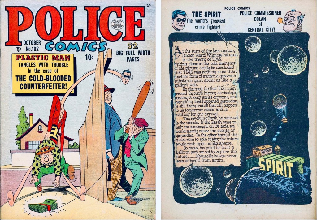 Omslag till Police Comics #102 (1950) och inledande sida ur Spirit. ©Quality/Comic Magazines/Eisner