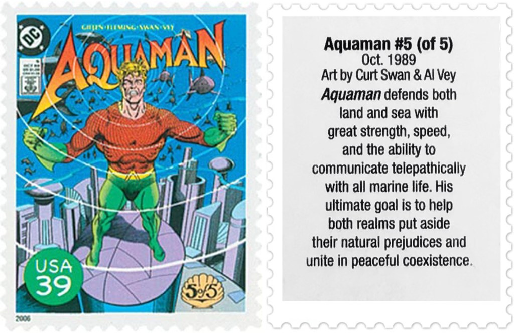 Frimärket med omslaget till Aquaman #5 (1989). ©USPS/DC