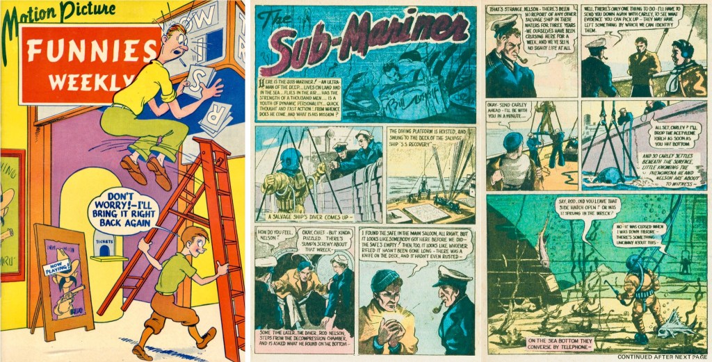 Omslag till Motion Picture Funnies Weekly #1 (1939) och första uppslag med Sub-Mariner. ©First Funnies