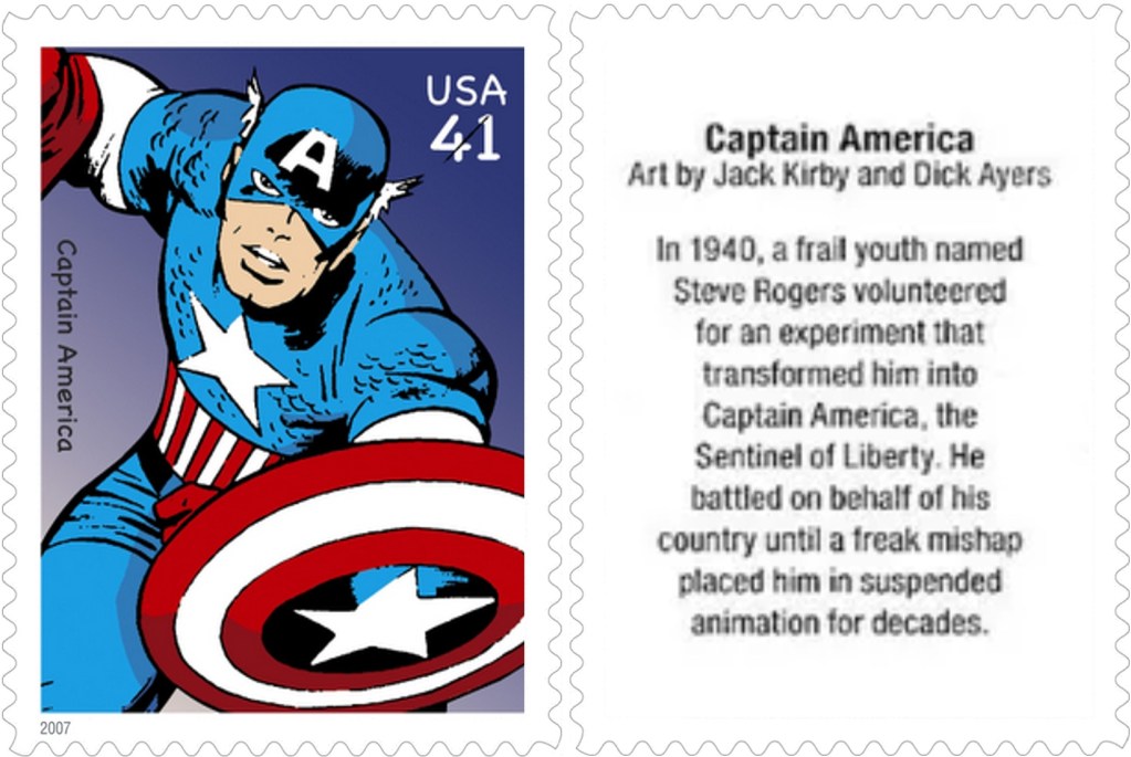 Frimärket med Captain America (2007). ©USPS/Marvel