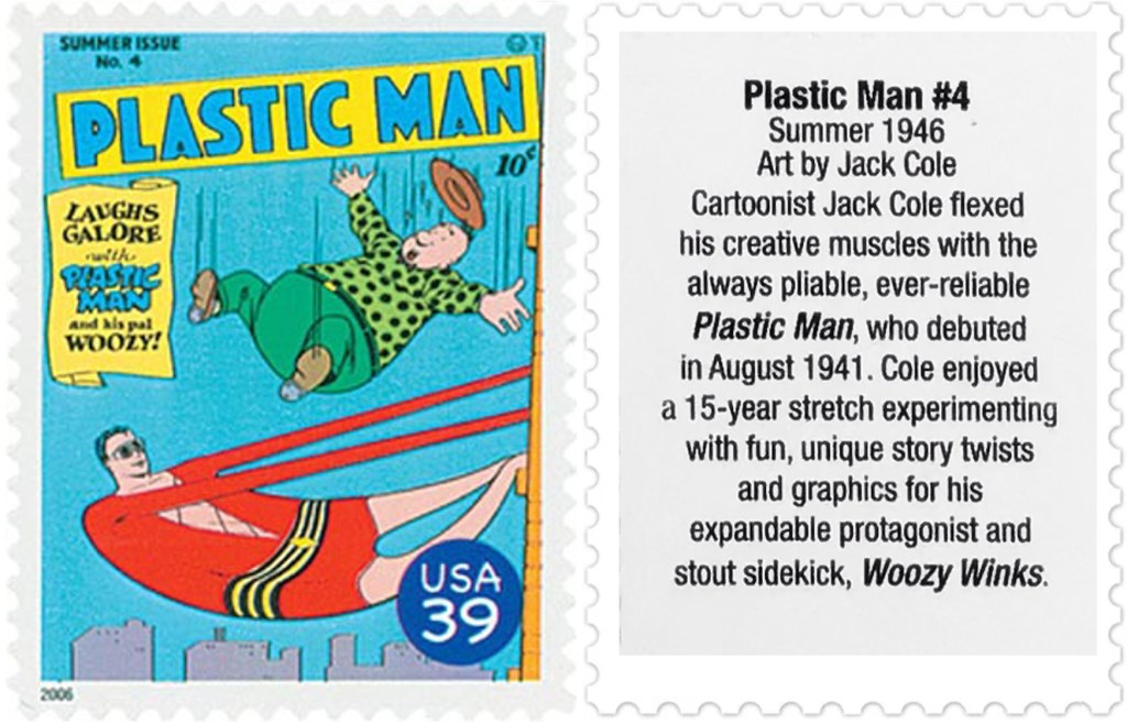 Frimärket med omslaget till Plastic Man #4 (1946). ©USPS/DC