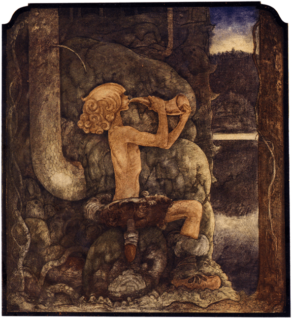 Illustration till "Sagan om de fyra Stortrollen och Lille Vill-Vallareman" av John Bauer ur "Bland tomtar och troll" (1909).