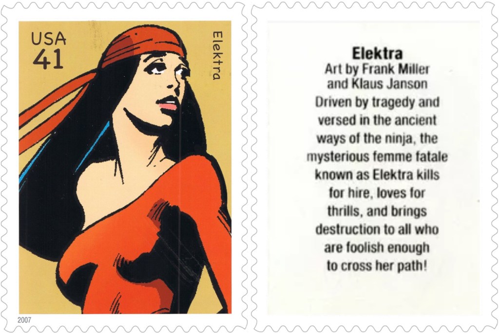 Frimärket med Elektra (2007). ©USPS/Marvel
