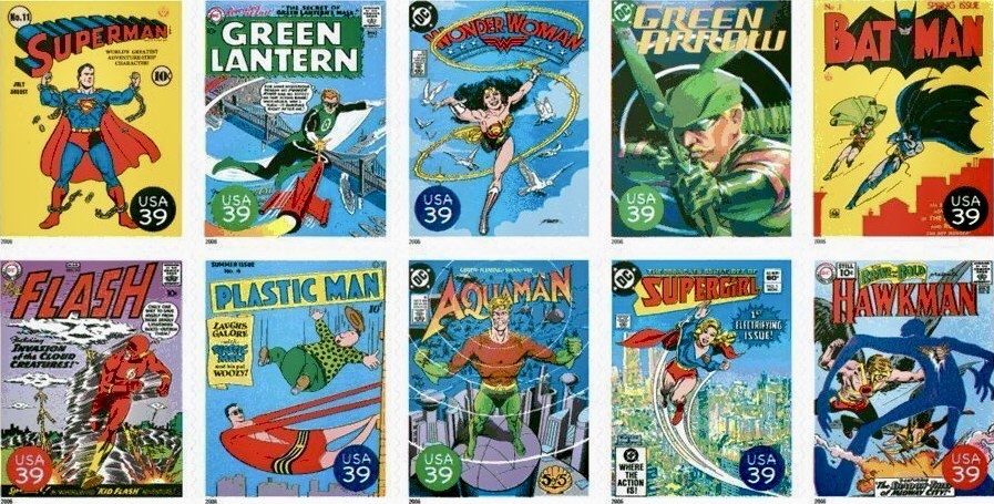 Nästa tio frimärkena visade omslag på serietidningar med DC Comics Super Heroes (2006). ©USPS
