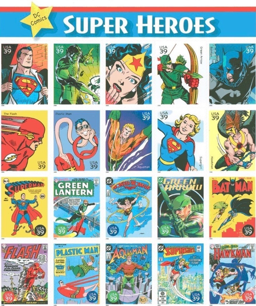Det amerikanska postverket gav ut tjugo olika frimärken under den gemensamma titeln DC Comics Super Heroes (2006). ©USPS
