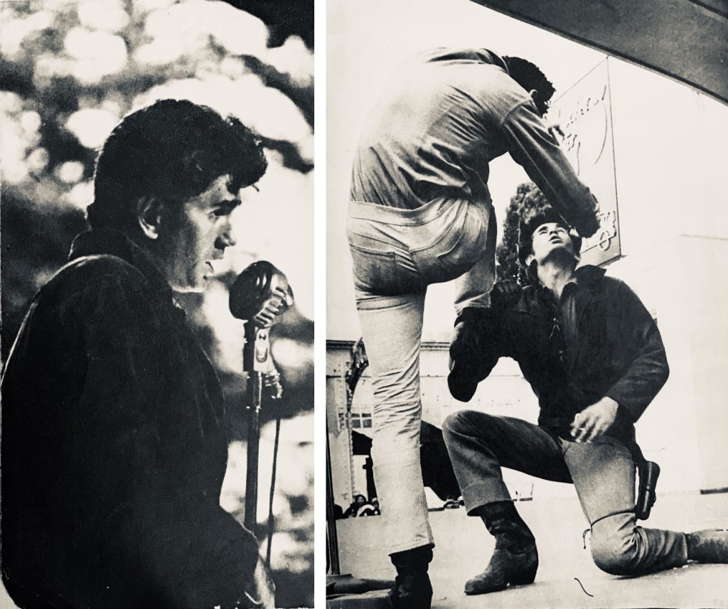 Under folkparksturnén 1962 sjöng Mike Landon Gimme a Little Kiss, Where Have all the Flowers Gone, Tom Dooley med mera, och bjöd på stuntslagsmål. ©Åhlén&Åkerlund