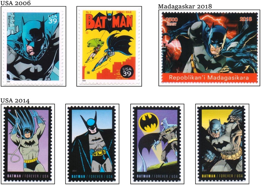 Några av de frimärken med Batman som är med i sammanställningen. ©Harnby/DC