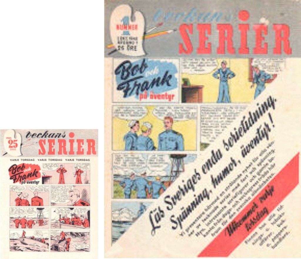 Reklamnumret (t.v.) var en specialutgåva av nr 1, 1942, som innehöll samma serier, men i svart/rött tryck. ©Alga