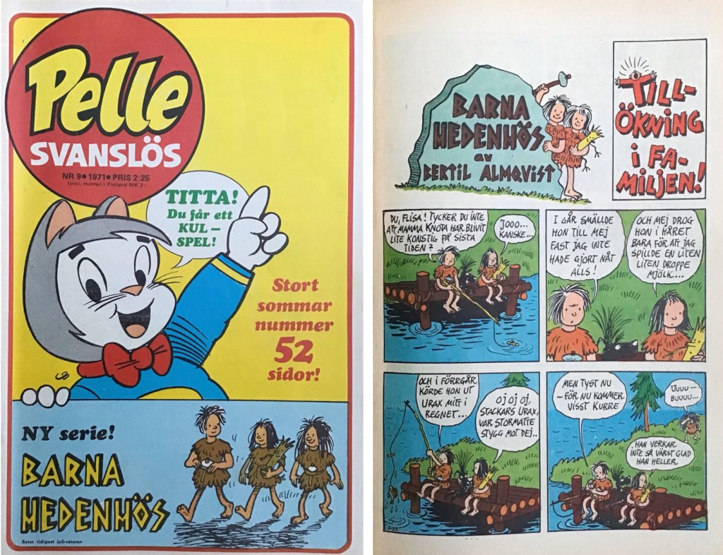 Omslag till Pelle Svanslös nr 9, 1971 och inledande sida med den tecknade serien, ursprungligen publicerad i Cirkus med Tuff och Tuss nr 2, 1959. ©Semic