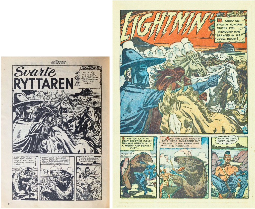 Inledande sida till Svarte ryttaren, och motsvarande sida i original ur The Lone Rider #1 (1953). ©Farrell