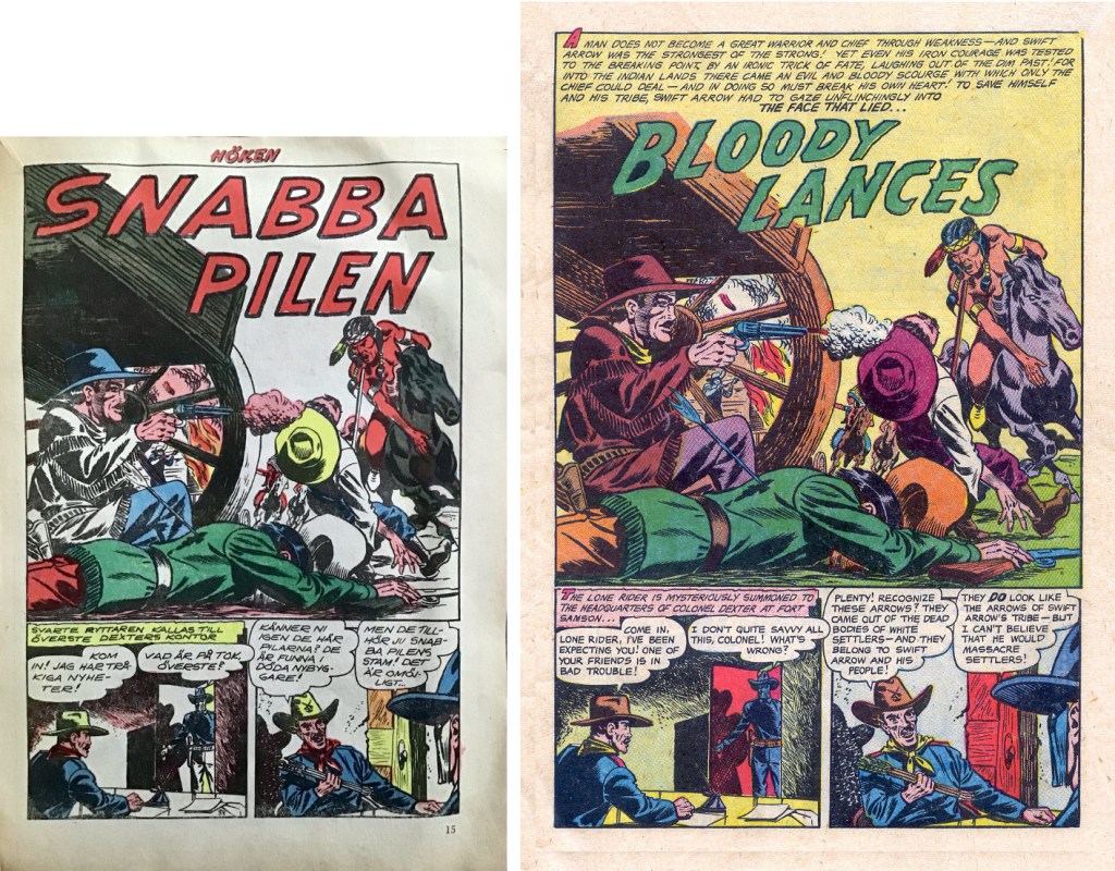 Inledande sida till Svarte ryttaren, och motsvarande sida i original ur The Lone Rider #15 (1953). ©Farrell