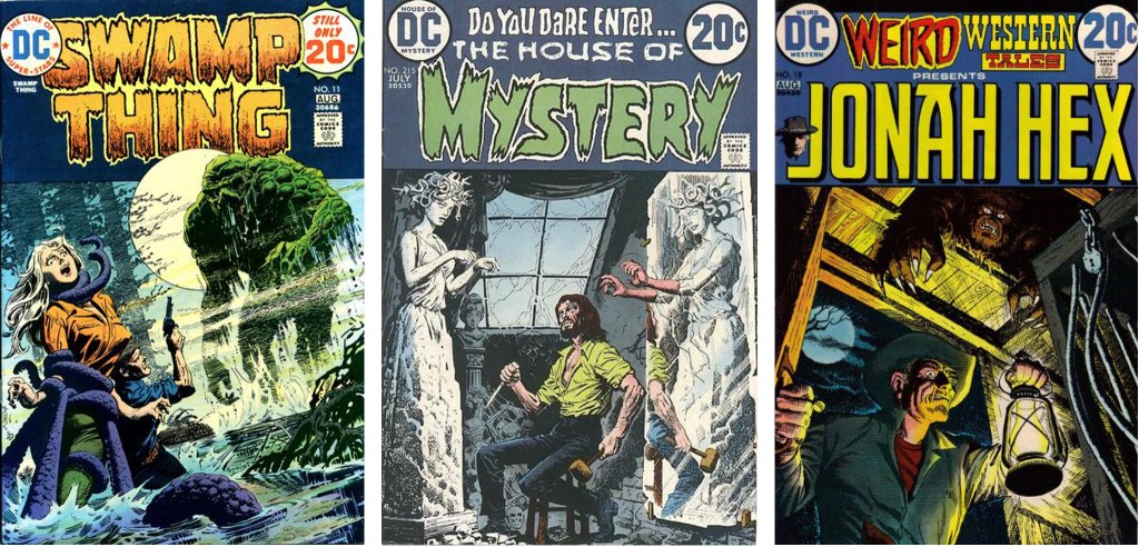 Omslag tecknade av Dominguez till Swamp Thing #11 (1974), House of Mystery #215 (1973), och Weird Western Tales #18 (1973) med Jonah Hex. ©DC