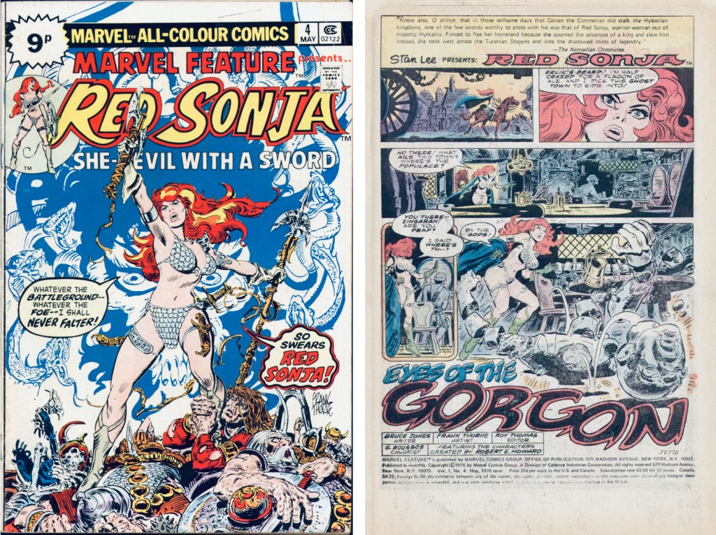 Omslag till Marvel Feature #4 (1976), och inledande sida med Red Sonja. ©Marvel