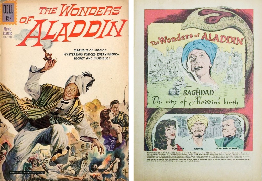 Omslag till Four Color Comic #1255 och inledande sida till The Wonders of Aladdin (1962). ©Dell/Western/Embassy
