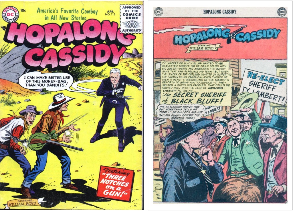 Omslag till Hopalong Cassidy #112 (1956) och en motsvarande sida. ©DC/National