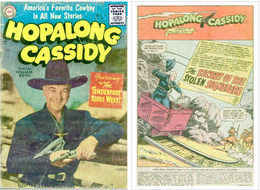 Omslag till Hopalong Cassidy #106 (1955) och en motsvarande sida. ©DC/National