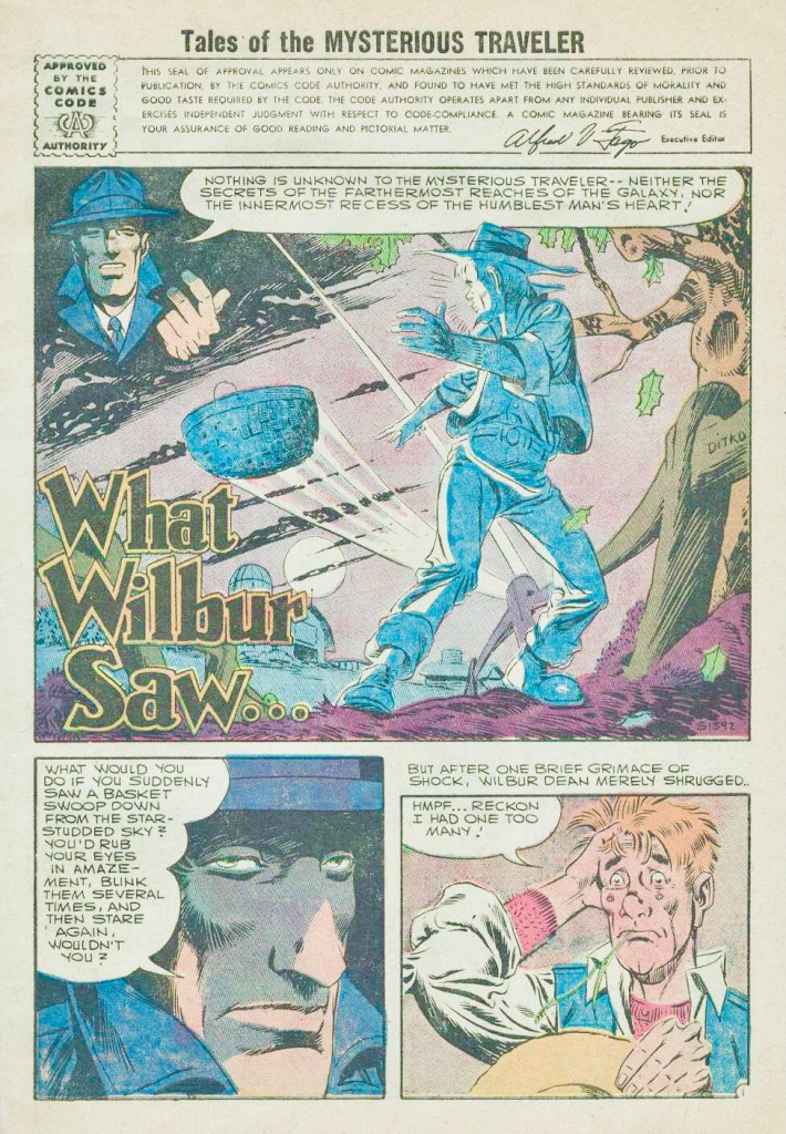 Motsvarande inledande sida ur Tales of the Mysterious Traveler #2 (1957), med episoden What Wilbur Saw, av Joe Gill (manus) och Steve Ditko (teckningar). ©Charlton