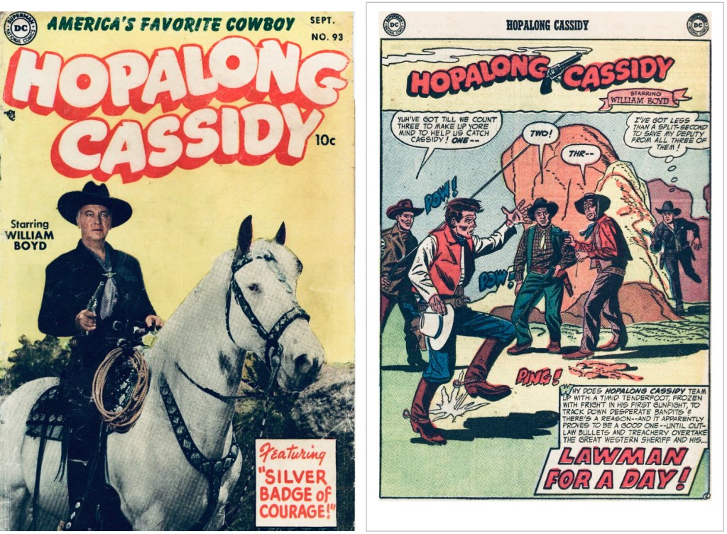 Omslag till Hopalong Cassidy #93 (1954) och en motsvarande sida. ©DC/National