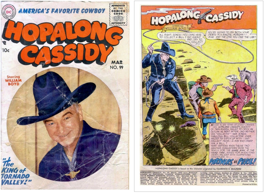 Omslag till Hopalong Cassidy #99 (1955) och en motsvarande sida. ©DC/National