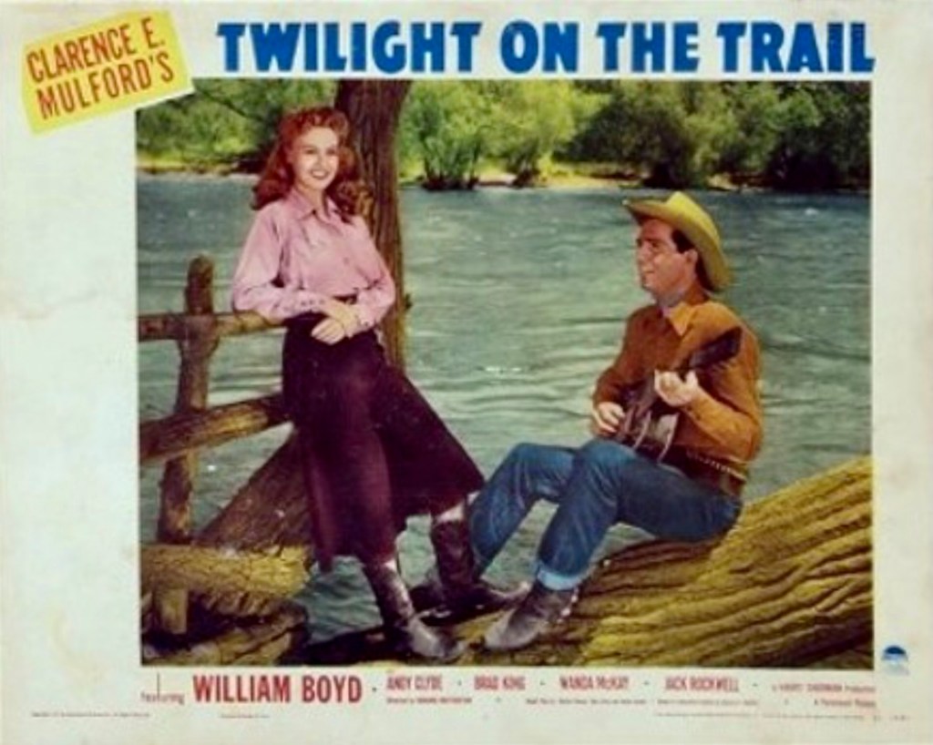 Filmreklam för en Hopalong Cassidy-film där Jimmy Wakely medverkar, Twilight on the Trail (1941). ©Paramount