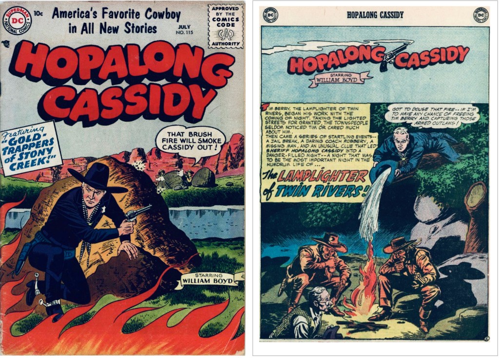Omslag till Hopalong Cassidy #115 (1956) och en inledande sida. ©DC/National