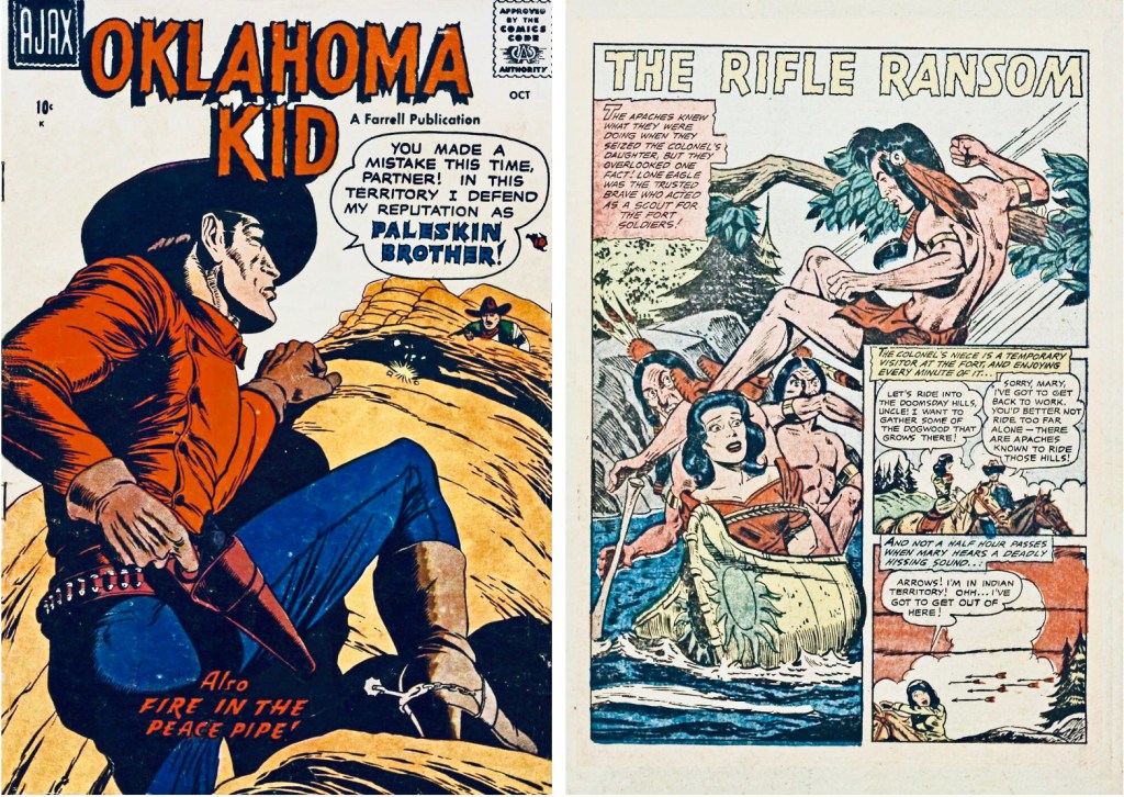 Omslag till Oklahoma Kid #3 (1957) och en motsvarande sida. ©Ajax/Farrell