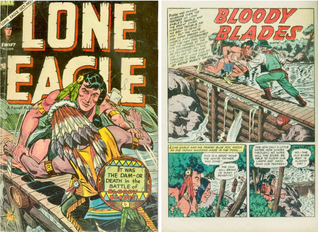 Omslag till Lone Eagle #4 (1954) och en motsvarande sida. ©Ajax/Farrell