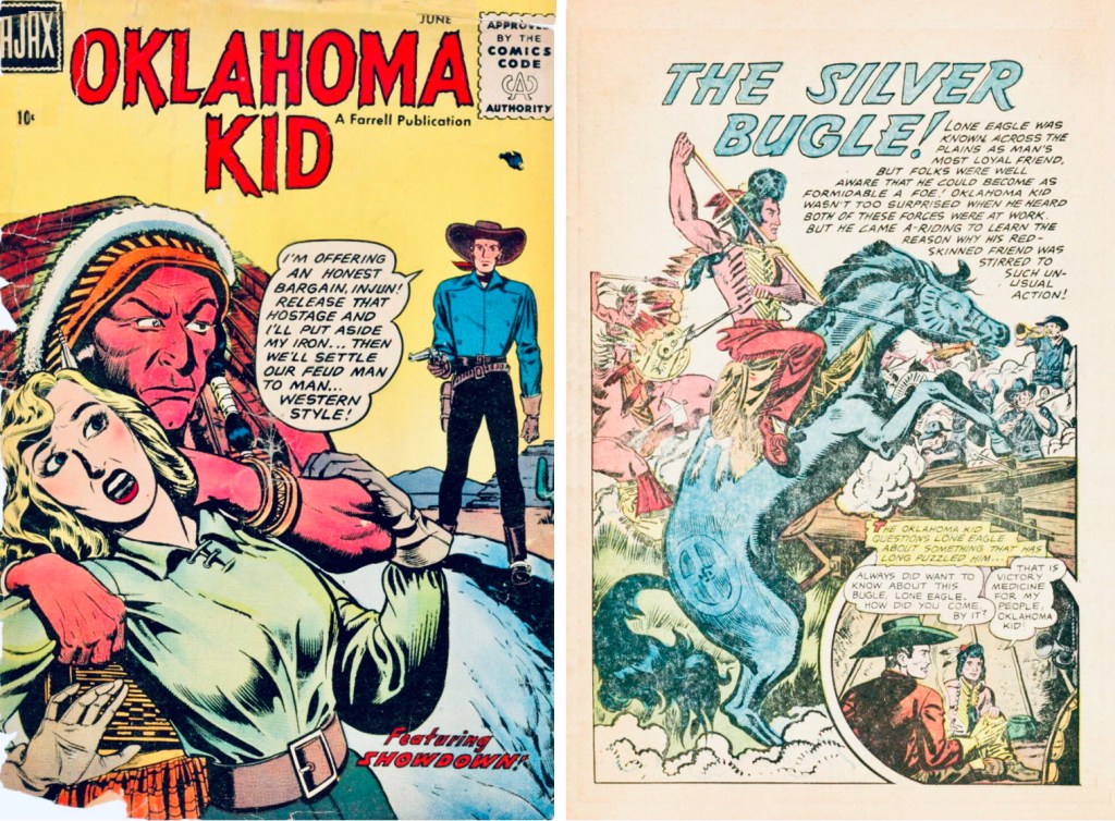 Omslag till Oklahoma Kid #1 och motsvarande inledande sida. ©Ajax/Farrell