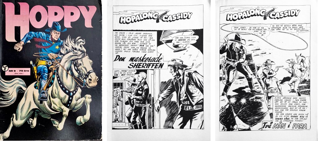 Omslag till ur Hoppy nr 9, 1963, och inledande sida till de båda Hopalong Cassidy-episoderna. ©Formatic/DC/National