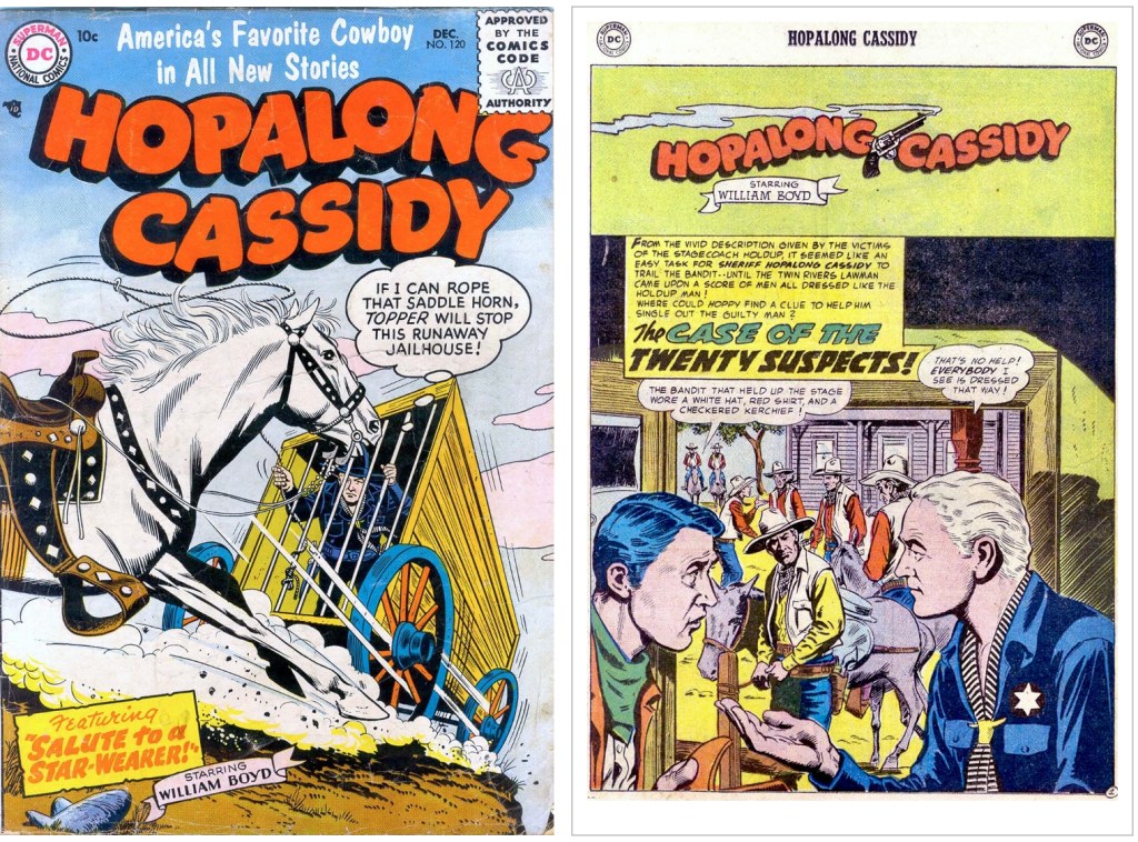 Omslag till Hopalong Cassidy #120 (1956) och en motsvarande sida. ©DC/National