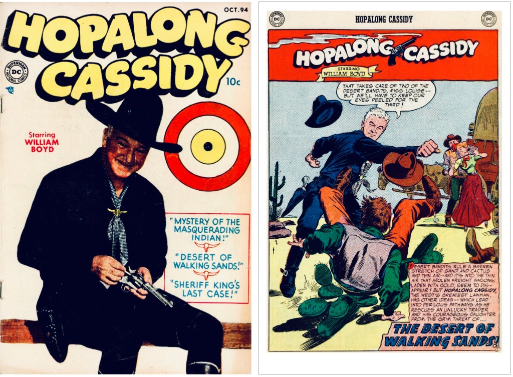 Omslag till Hopalong Cassidy #94 (1954) och en motsvarande sida. ©DC/National