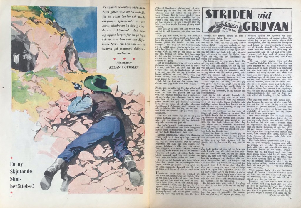 Inledande uppslag ur en följetong med Skjutande Slim ur Levande livet nr 35, 1953, illustrerad av Allan Löthman. ©Å&Å