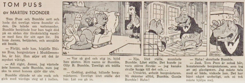 Borgmästare Dickerdack (här med namnet Rhino Ross) gjorde entré i episod 25, ur DN 17 januari 1948 (stripp nr 46, ursprungligen från 1 maj 1947). ©STA