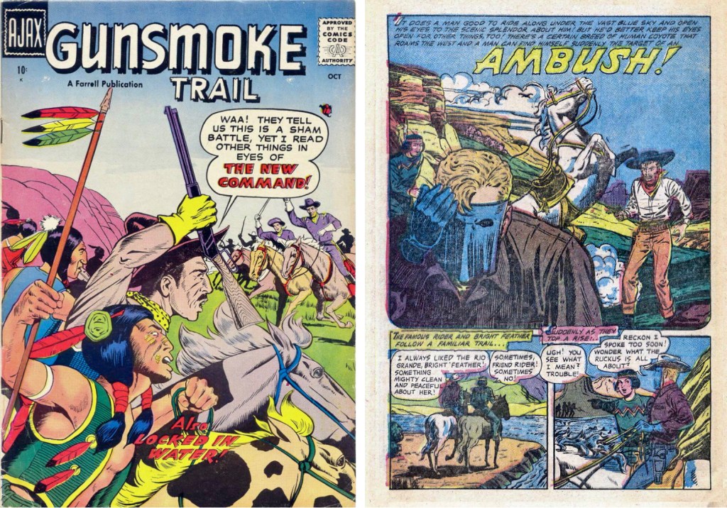 Omslag till Gunsmoke Trail #3 (1957) och en motsvarande sida. ©Ajax/Farrell