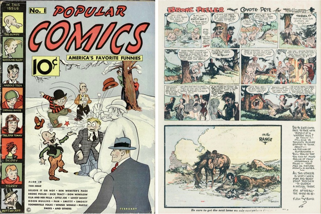 Omslag till Popular Comics #1, 1936 och en sida med Bronc Peeler och On the Range. ©Dell