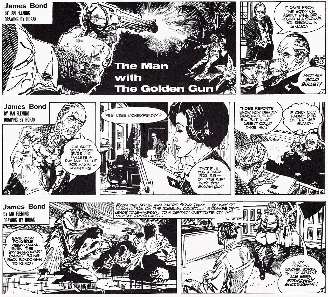 Inledande strippar ur The Man with the Golden Gun av Henry Gammidge och Yaroslav Horak, från 29 juni till 1 juli 1964. ©Daily Express