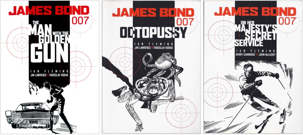 Omslag till de första tre volymerna i bokserien James Bond 007 (2004). ©Titan