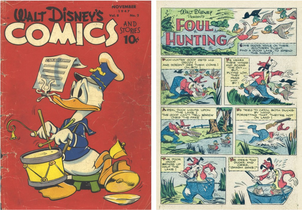 Omslag till Walt Disney's Comics and Stories #86 (1947) och motsvarande inledande sida i original. ©Disney