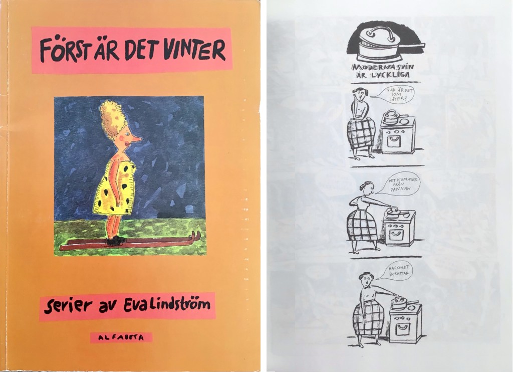 Omslag och en sida ur Först är det vinter (1990). ©Alfabeta/Lindström