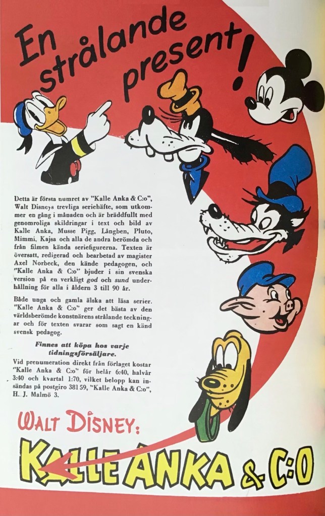 Baksidan till Kalle Anka & C:o nr 1, 1948, är en annons som gör reklam för tidningen. ©Richters/Disney