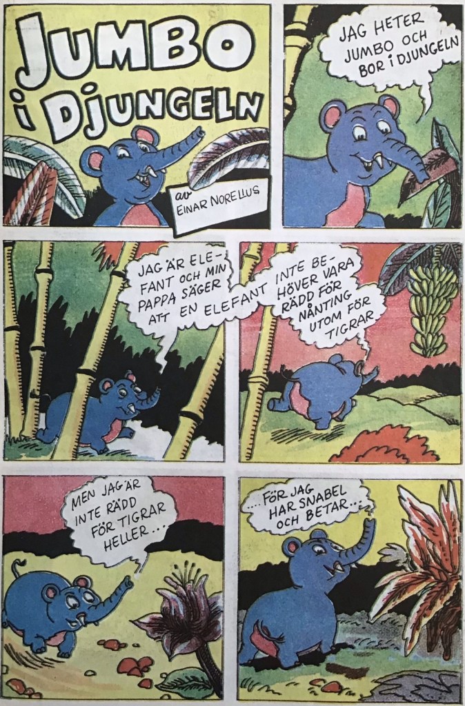 Inledande sida med Jumbo i djungeln ur Tuff och Tuss - en svensk serietidning höjd över all kritik nr 1, 1953. ©Norelius