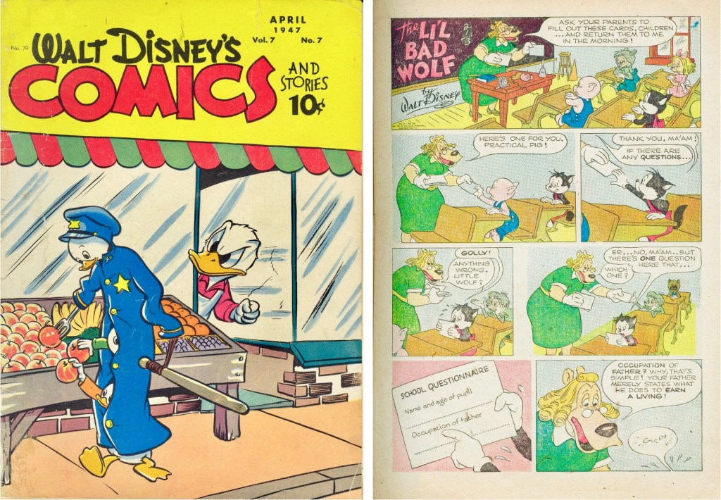Omslag till Walt Disney's Comics and Stories #79 (1947) och motsvarande inledande sida i original. ©Disney
