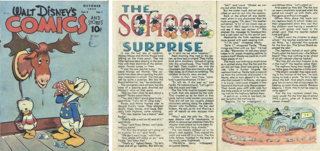 Omslag till Walt Disney's Comics and Stories #85 (1947) och motsvarande uppslag i original. ©Disney