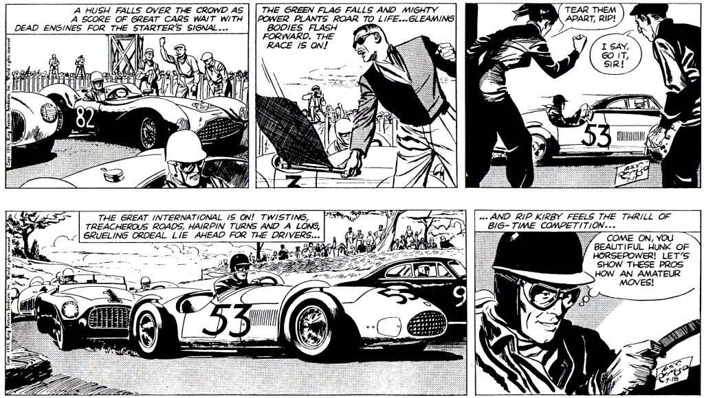 Ett par dagsstrippar med Rip Kirby som deltar i en tävling för sportbilar, ur det 24:e äventyret, International Incident, från 17-18 juli 1953. ©KFS